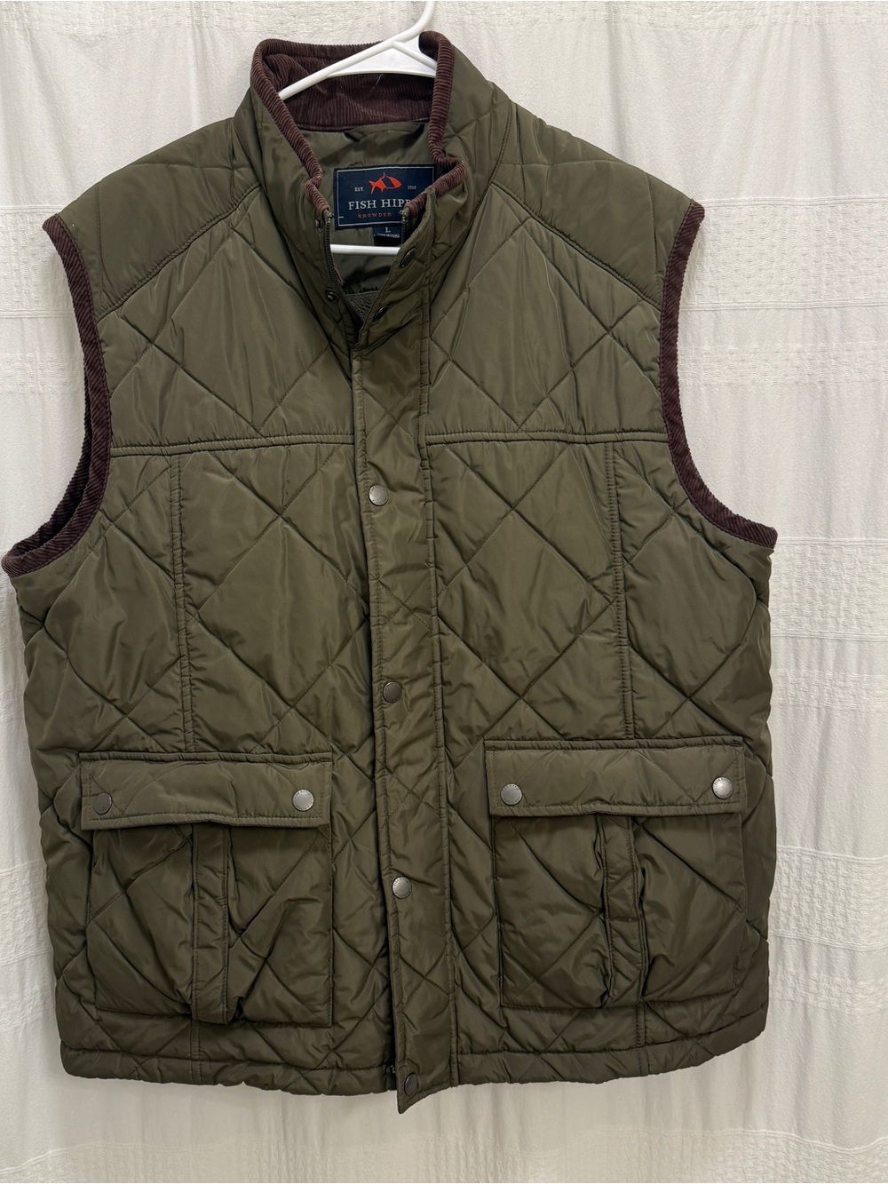 Fish Hippie Browder Quilted Vest Olive Green Men’s Large Pockets Preppy